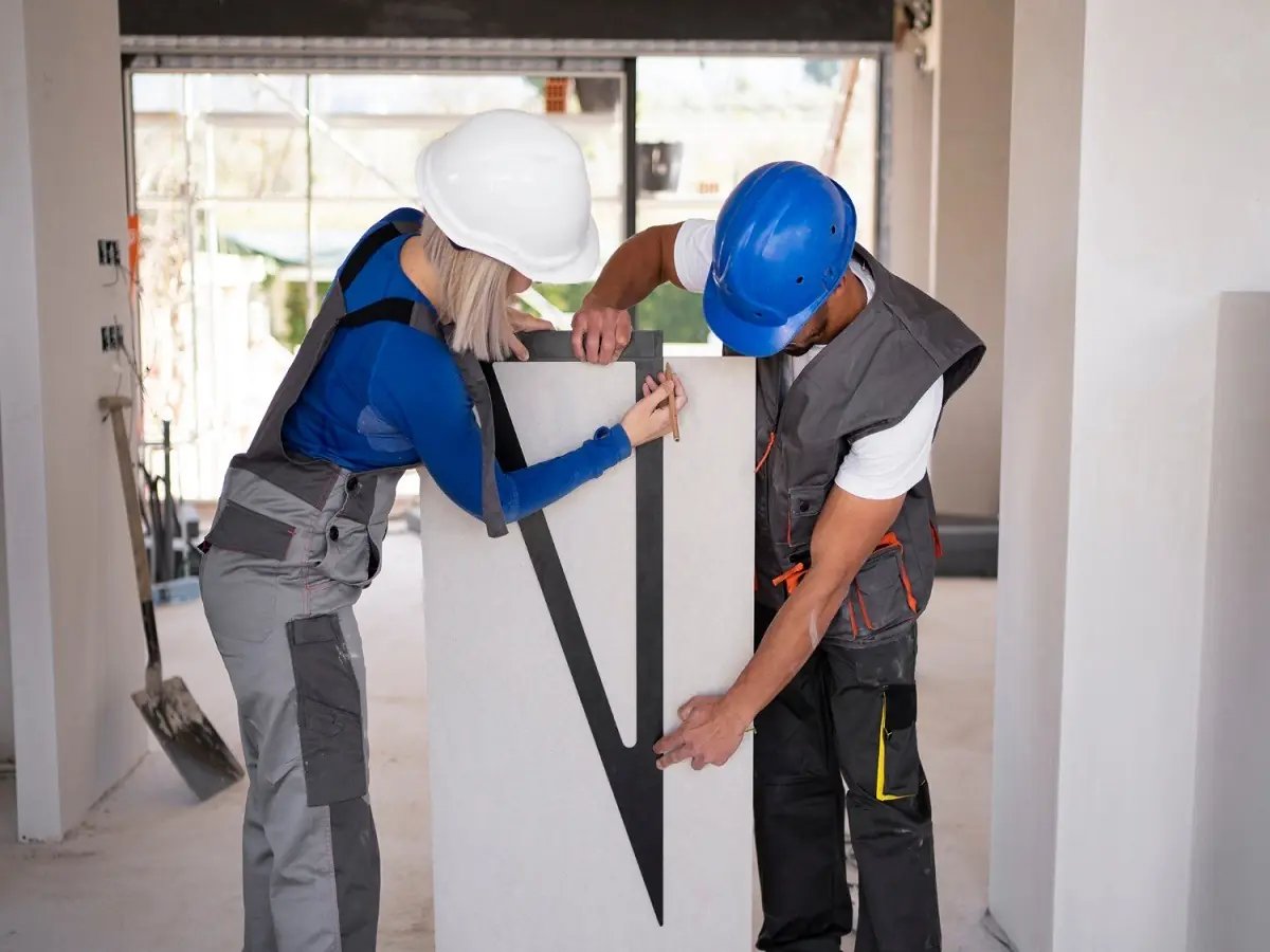 Instaladores colocando una placa de drywall en la pared
