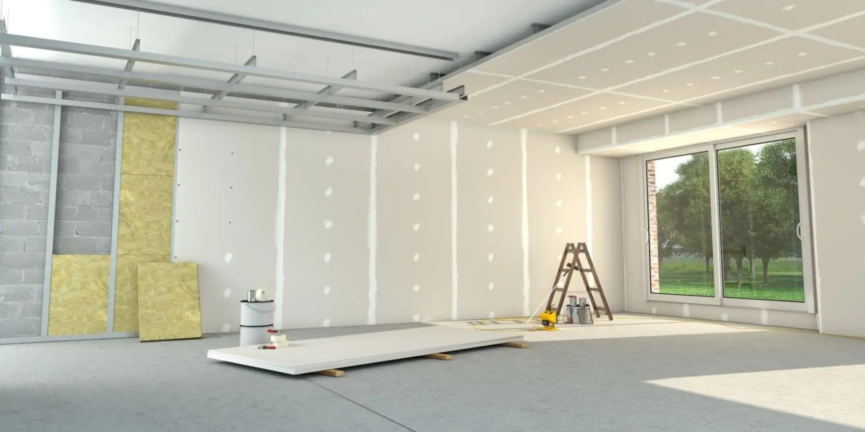 Ambiente en obra con tabiques de drywall, perfiles en el techo y placas listas para instalar